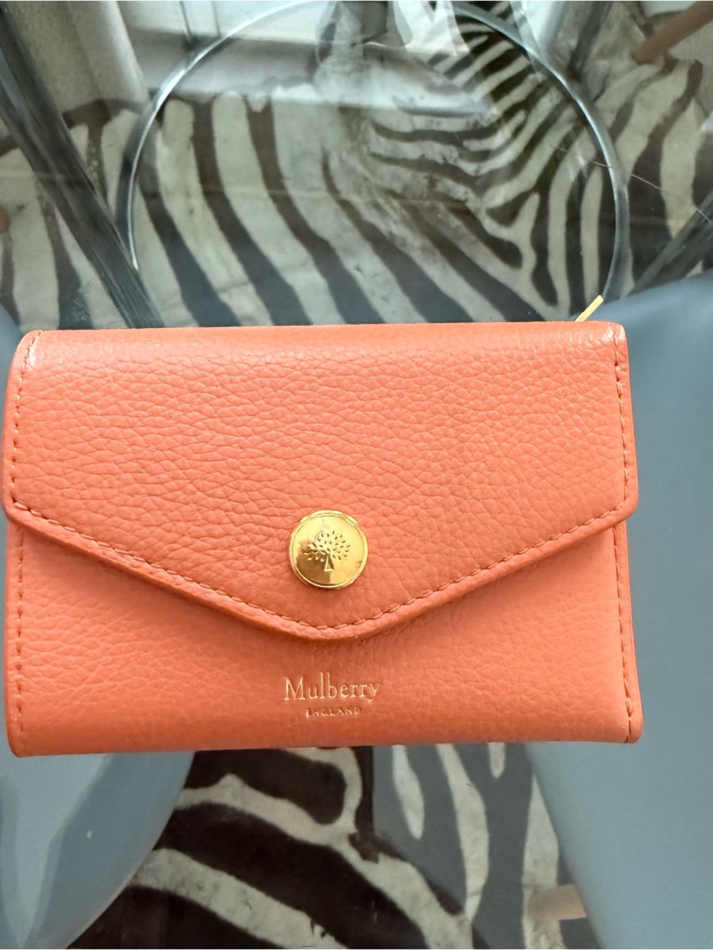 Mulberry Orange Pebble Leather Compact Wallet with Gold Button